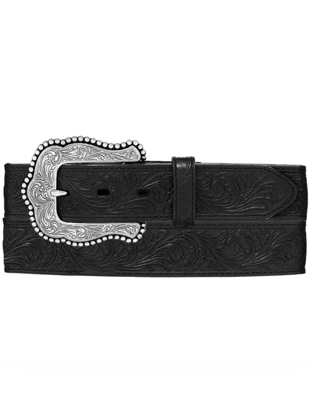 Tony Lama Black Tooled Leather Belt with Ornate Silver Buckle EUC